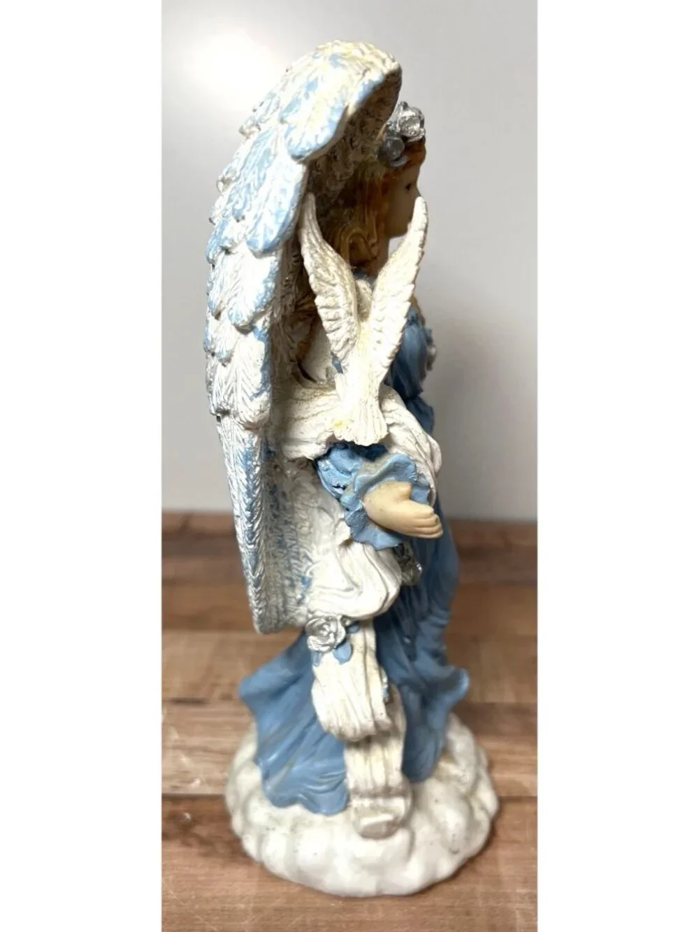 Christmas Angel Figurine With Dove & Flowers In Blue Dress